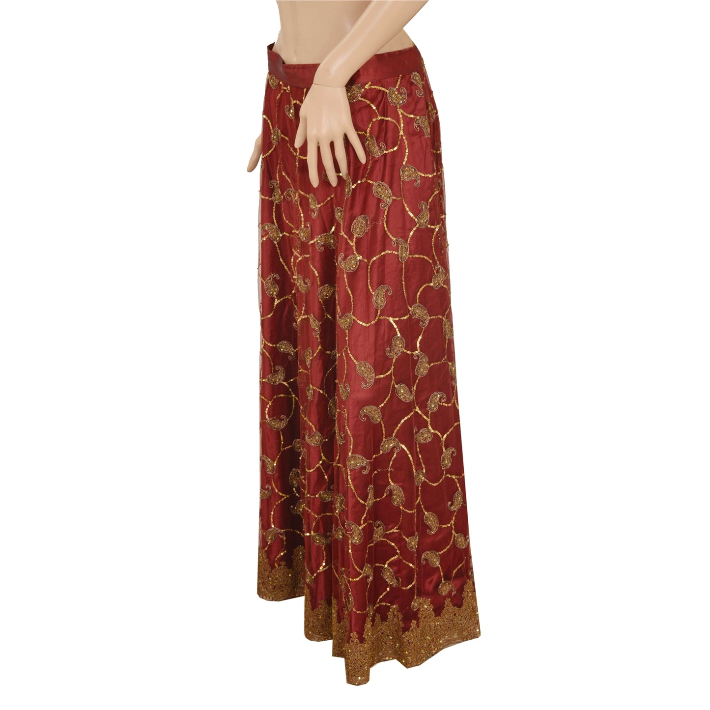 Sanskriti Vintage Dark Red Net Satin Stitch Lehenga Hand Embroidery Zardozi Zari