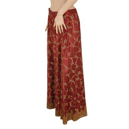 Sanskriti Vintage Dark Red Net Satin Stitch Lehenga Hand Embroidery Zardozi Zari