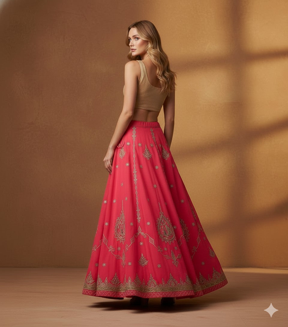 Sanskriti Vintage Pink Long Stitched Lehenga Wedding Georgette Hand Bead Zardozi