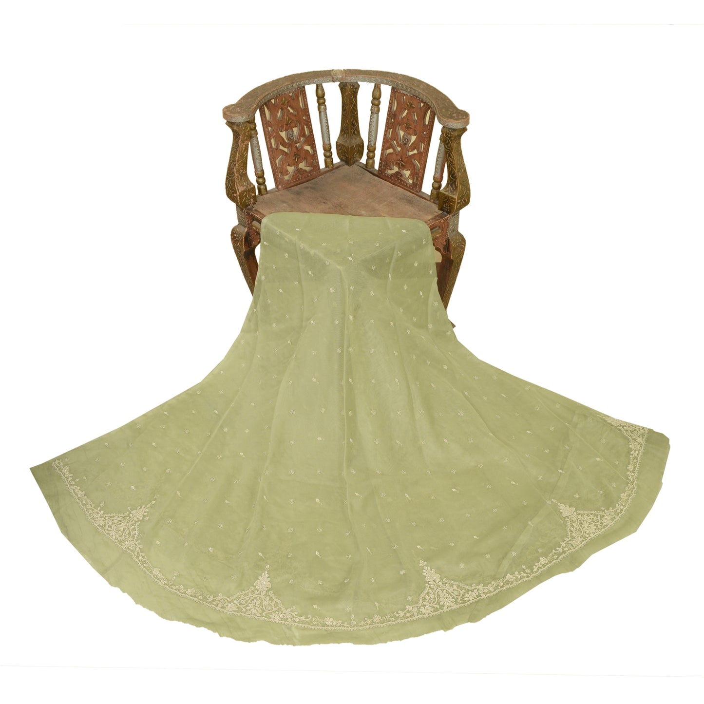 Sanskriti Vintage Green Long Unstitched Lehenga Net Mesh Hand Embroidery Zardozi