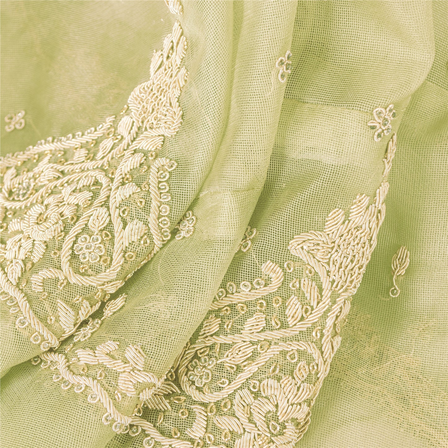 Sanskriti Vintage Green Long Unstitched Lehenga Net Mesh Hand Embroidery Zardozi