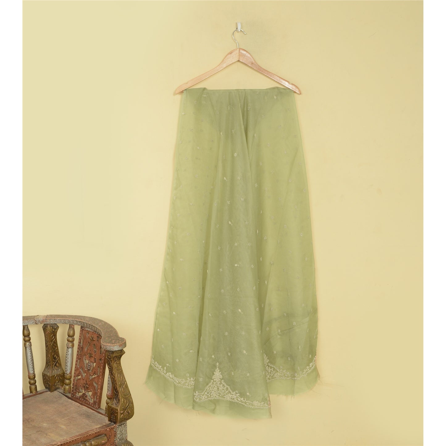 Sanskriti Vintage Green Long Unstitched Lehenga Net Mesh Hand Embroidery Zardozi