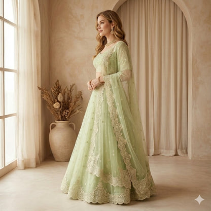 Sanskriti Vintage Green Long Unstitched Lehenga Net Mesh Hand Embroidery Zardozi