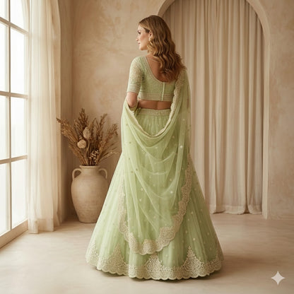 Sanskriti Vintage Green Long Unstitched Lehenga Net Mesh Hand Embroidery Zardozi