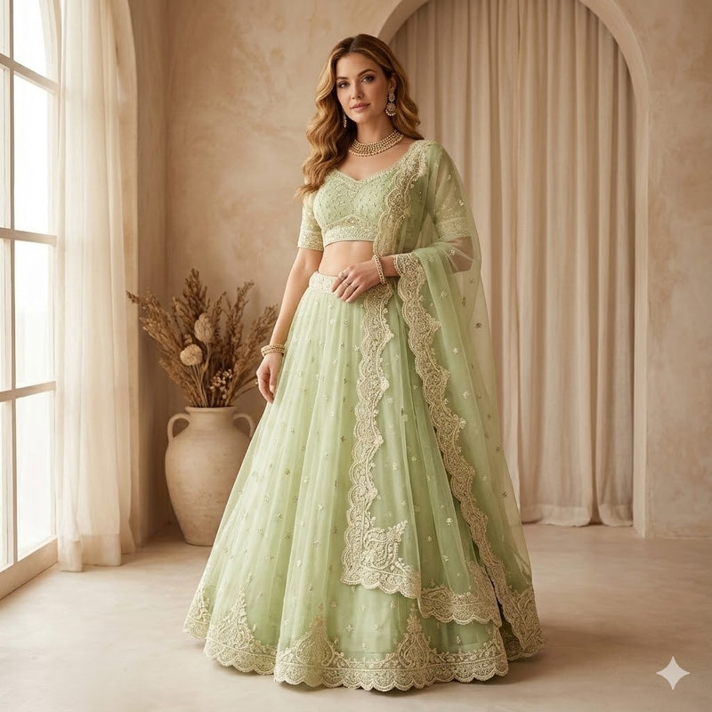 Sanskriti Vintage Green Long Unstitched Lehenga Net Mesh Hand Embroidery Zardozi