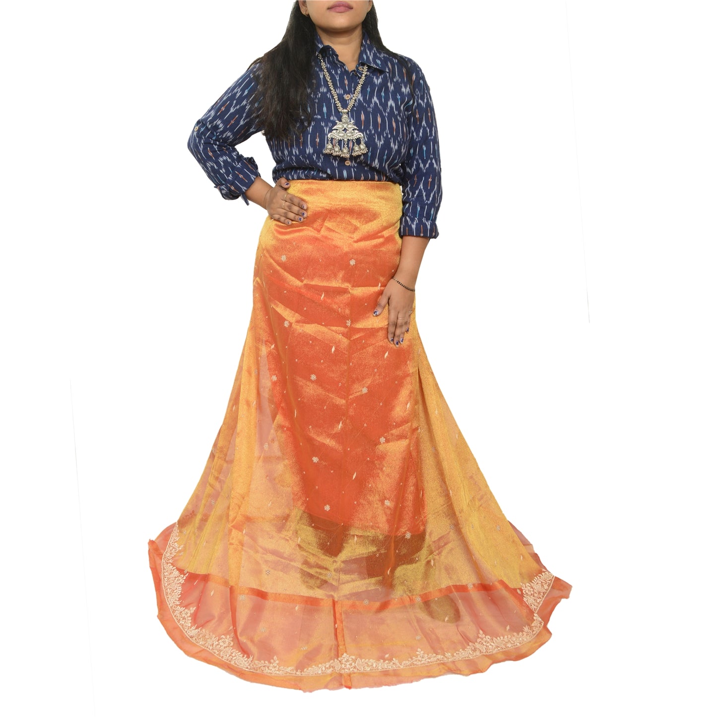 Sanskriti Vintage Long Unstitched Orange Lehenga Pure Tissue Hand Embroidered