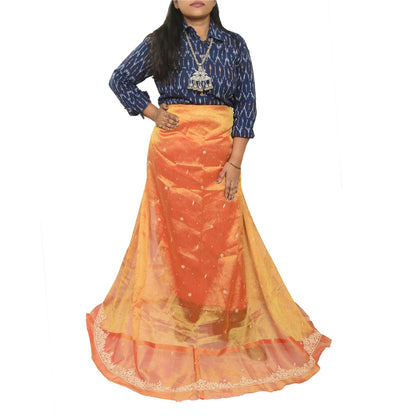 Sanskriti Vintage Long Unstitched Orange Lehenga Pure Tissue Silk Hand Embroidered