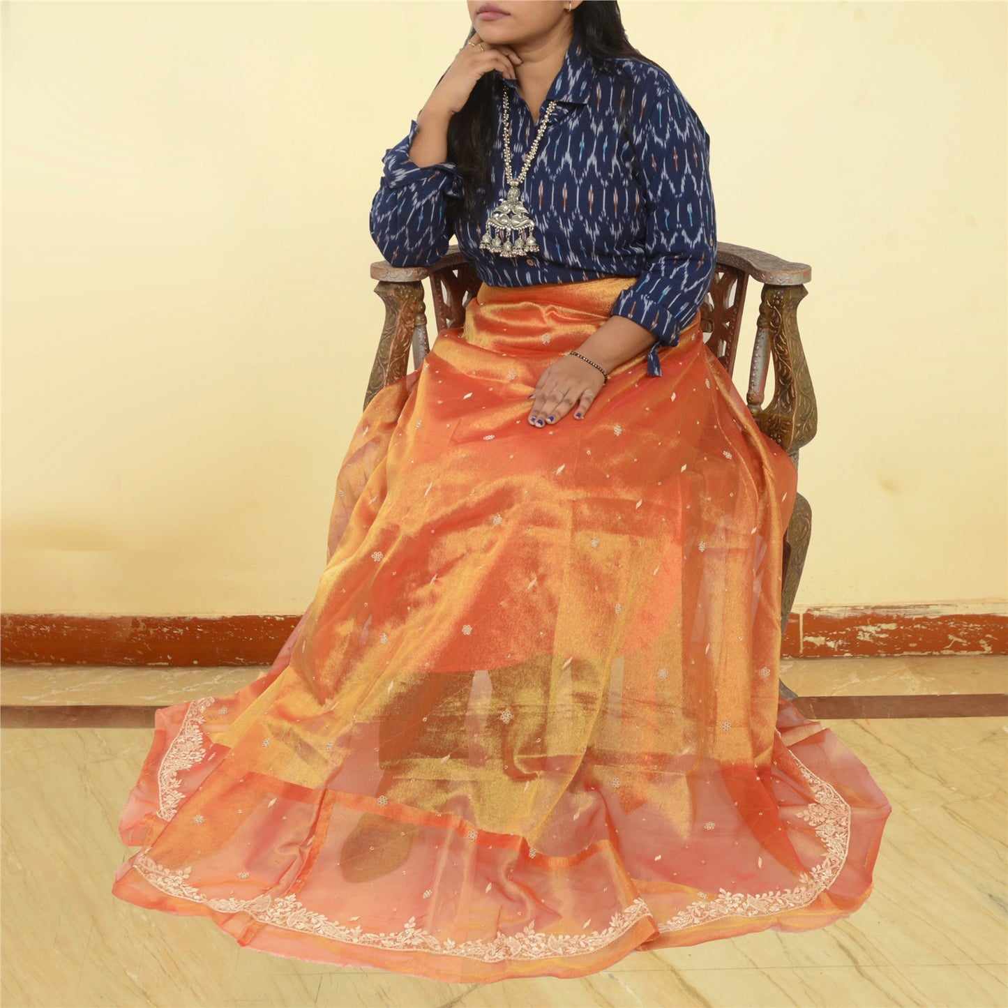 Sanskriti Vintage Long Unstitched Orange Lehenga Pure Tissue Hand Embroidered