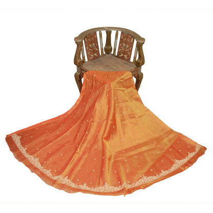 Sanskriti Vintage Long Unstitched Orange Lehenga Pure Tissue Hand Embroidered
