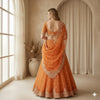 Sanskriti Vintage Long Unstitched Orange Lehenga Pure Tissue Hand Embroidered