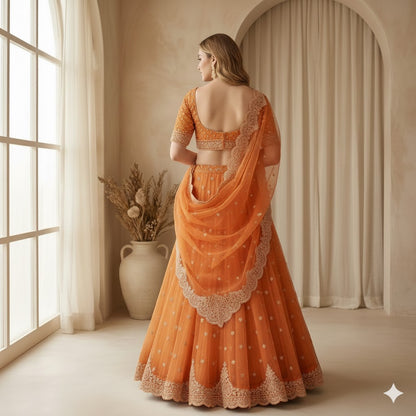 Sanskriti Vintage Long Unstitched Orange Lehenga Pure Tissue Silk Hand Embroidered