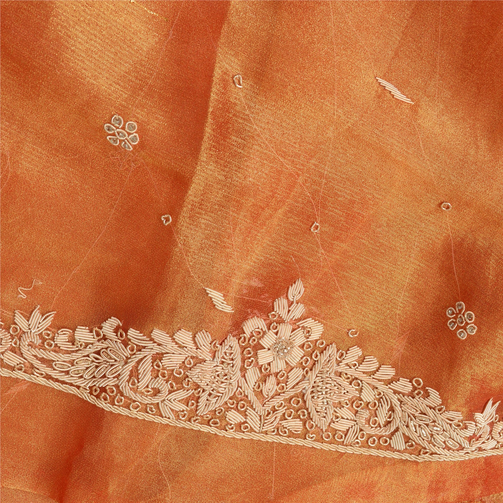 Sanskriti Vintage Long Unstitched Orange Lehenga Pure Tissue Hand Embroidered