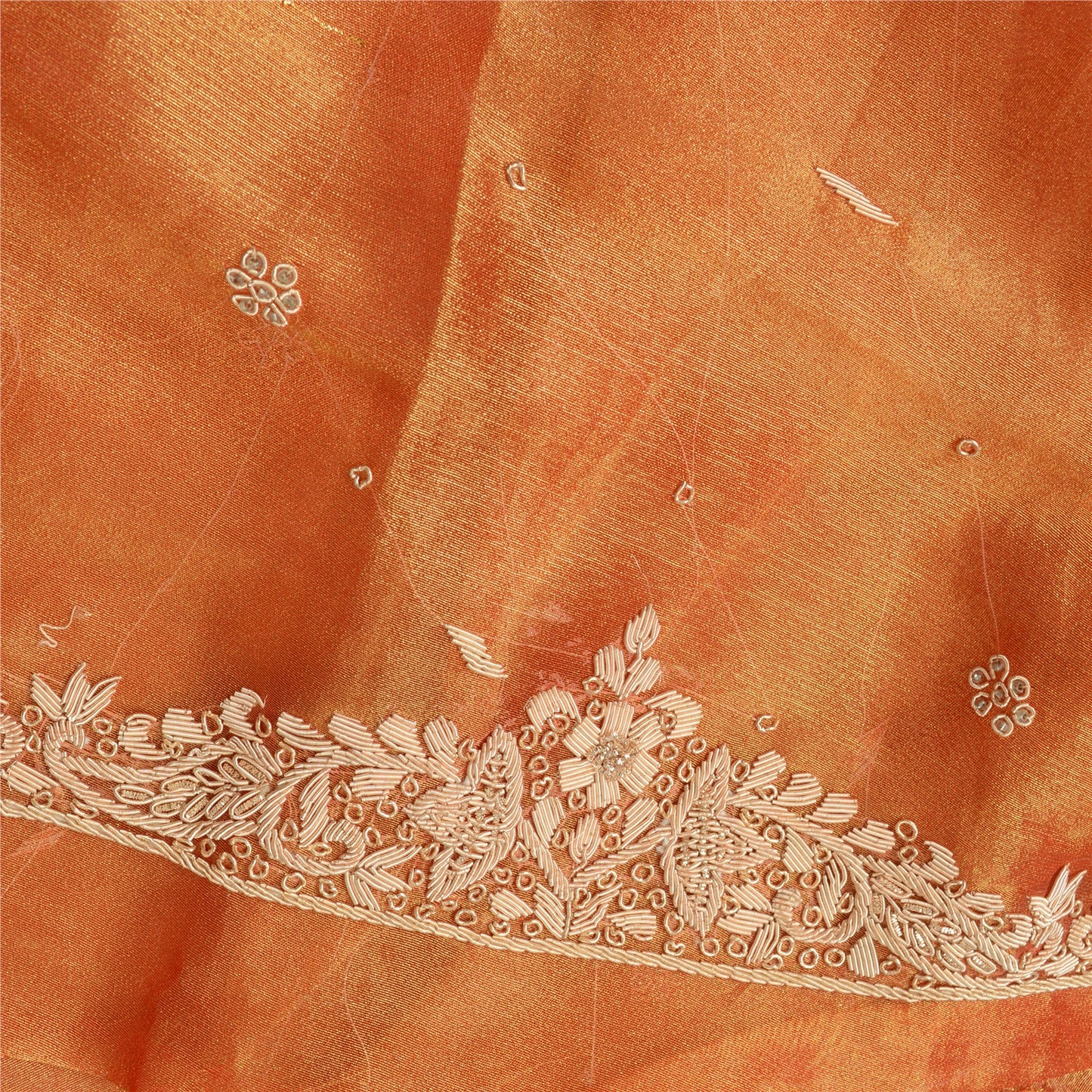 Sanskriti Vintage Long Unstitched Orange Lehenga Pure Tissue Silk Hand Embroidered