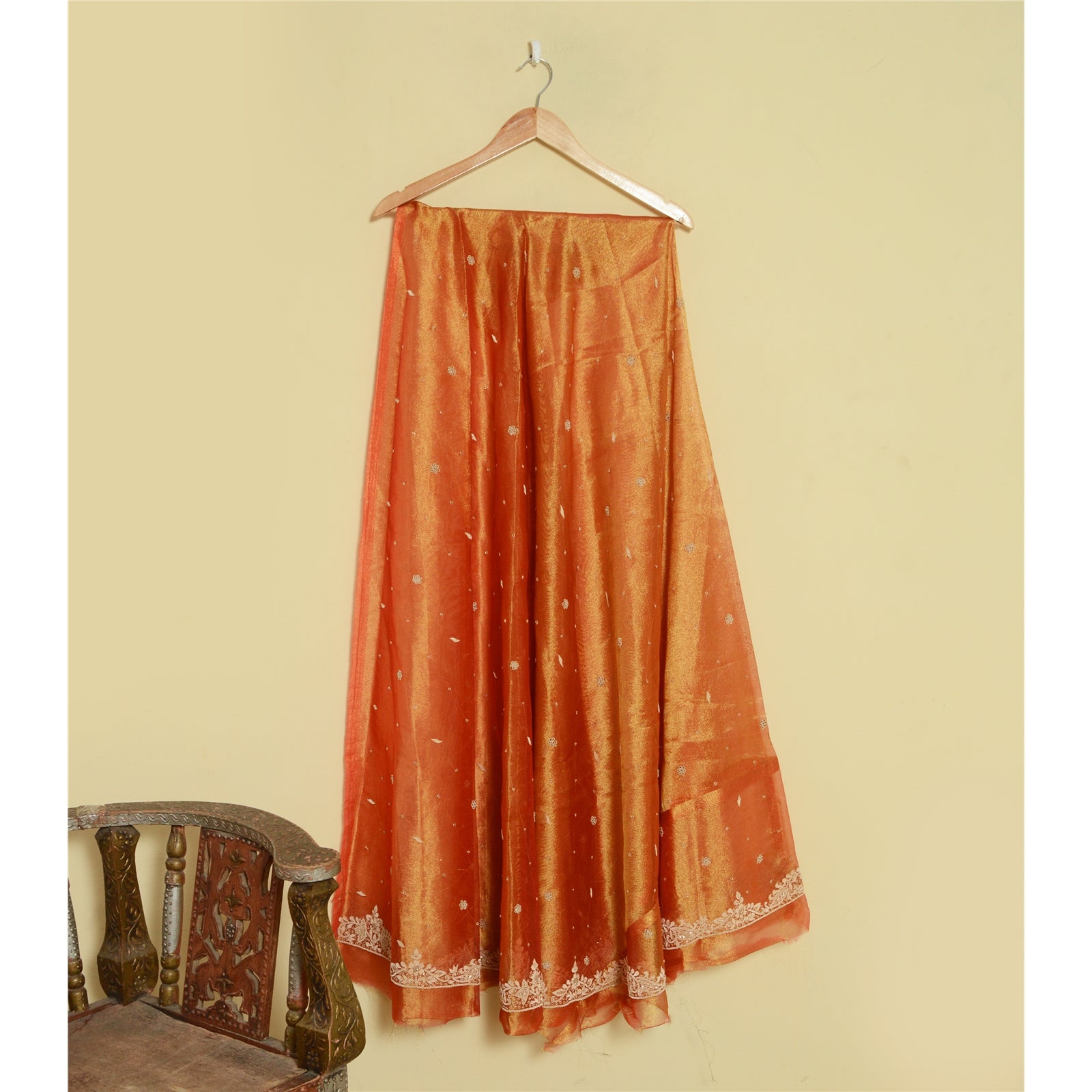 Sanskriti Vintage Long Unstitched Orange Lehenga Pure Tissue Hand Embroidered