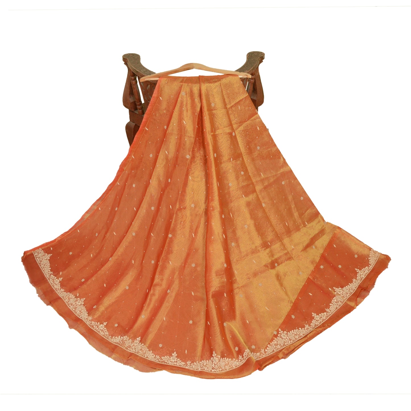 Sanskriti Vintage Long Unstitched Orange Lehenga Pure Tissue Hand Embroidered