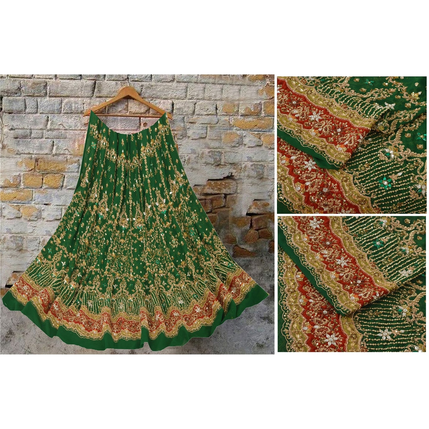 Sanskriti Vintage Green Long Unstitched Lehenga Pure Georgette Hand Beaded Zari