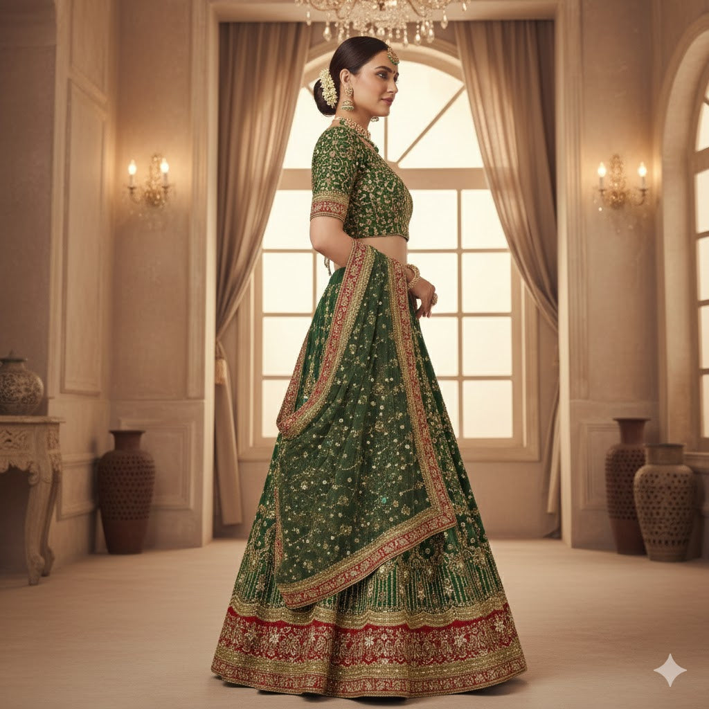 Sanskriti Vintage Green Long Unstitched Lehenga Pure Georgette Hand Beaded Zari