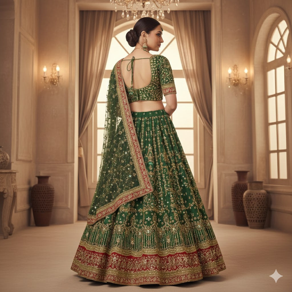 Sanskriti Vintage Green Long Unstitched Lehenga Pure Georgette Hand Beaded Zari