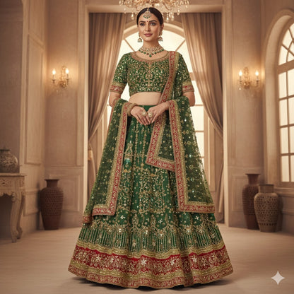 Sanskriti Vintage Green Long Unstitched Lehenga Pure Georgette Hand Beaded Zari