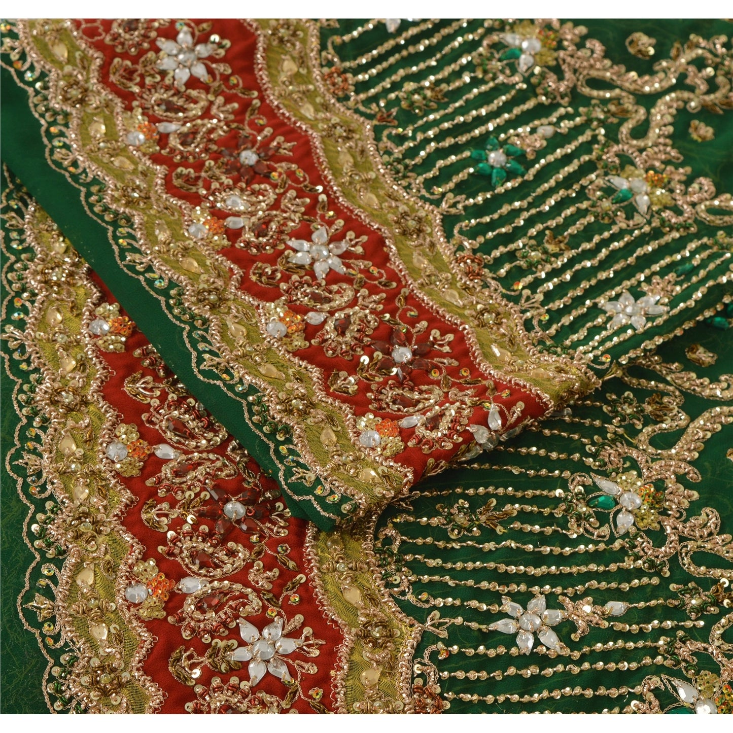 Sanskriti Vintage Green Long Unstitched Lehenga Pure Georgette Hand Beaded Zari