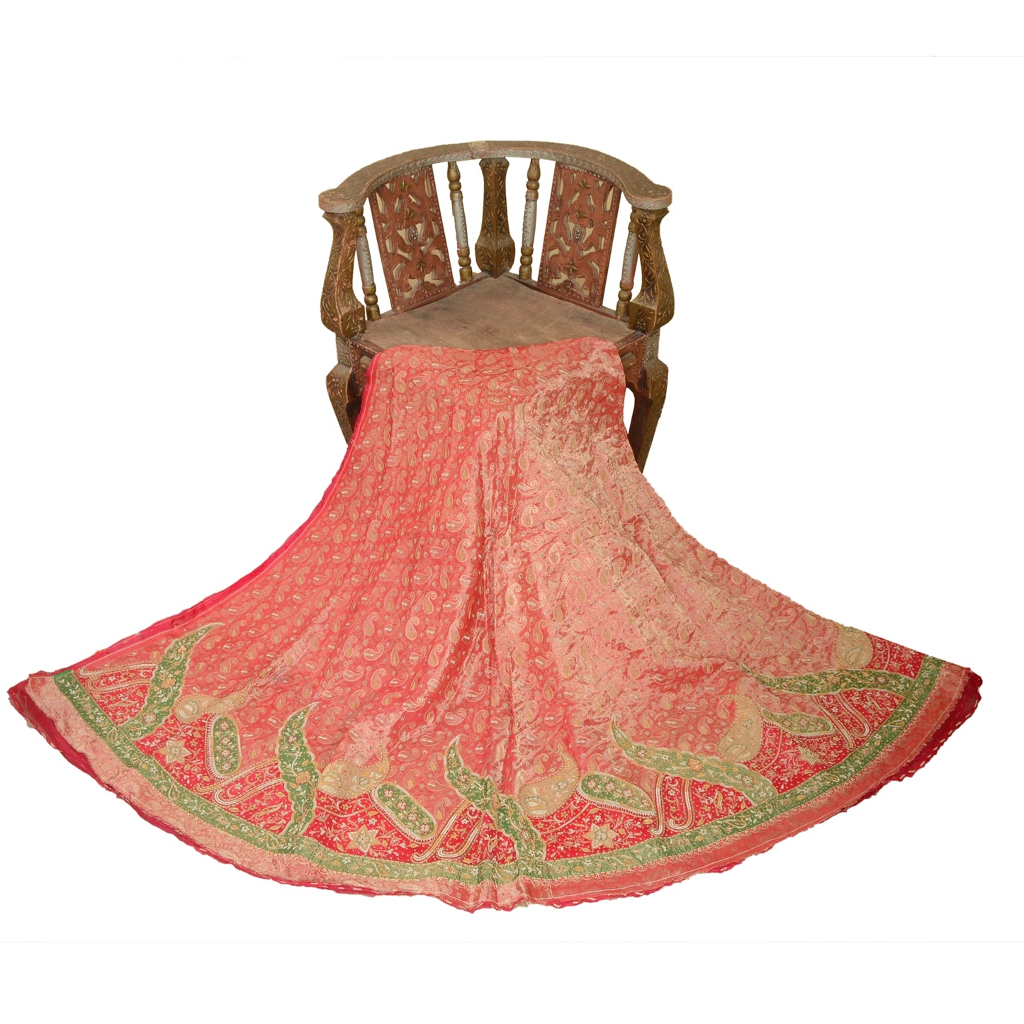 Sanskriti Vintage Pink Long Unstitched Lehenga Pure Tissue Hand Bead Woven Zari