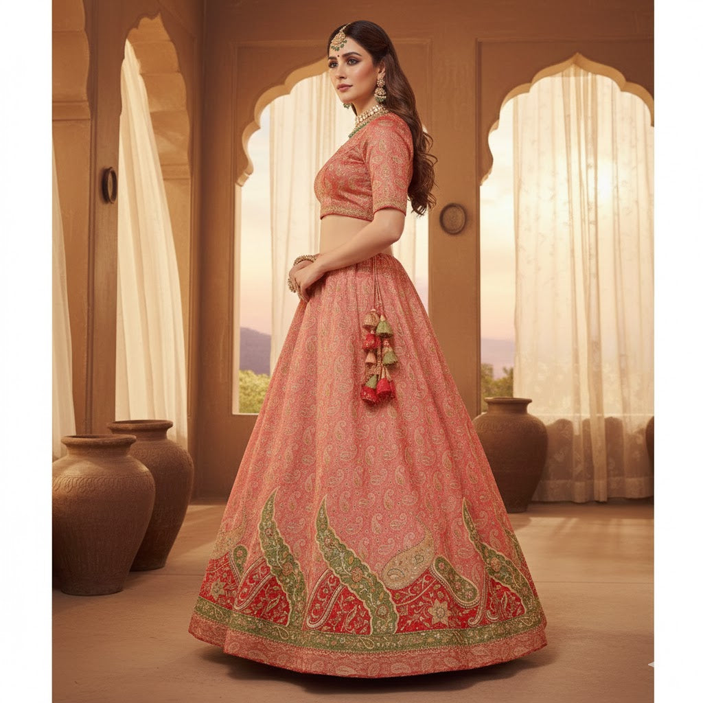 Sanskriti Vintage Pink Long Unstitched Lehenga Pure Tissue Hand Bead Woven Zari