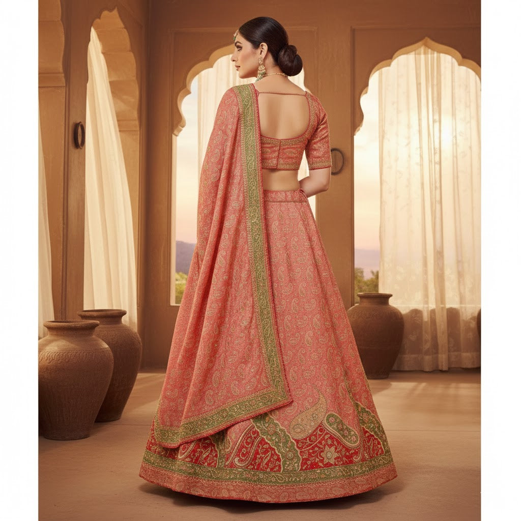 Sanskriti Vintage Pink Long Unstitched Lehenga Pure Tissue Hand Bead Woven Zari