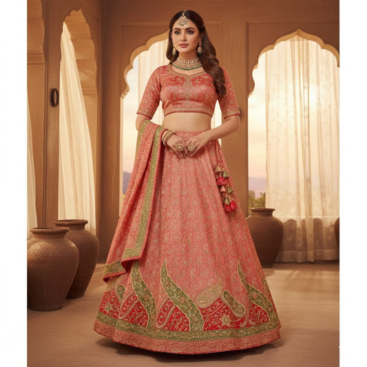 Sanskriti Vintage Pink Long Unstitched Lehenga Pure Tissue Hand Bead Woven Zari