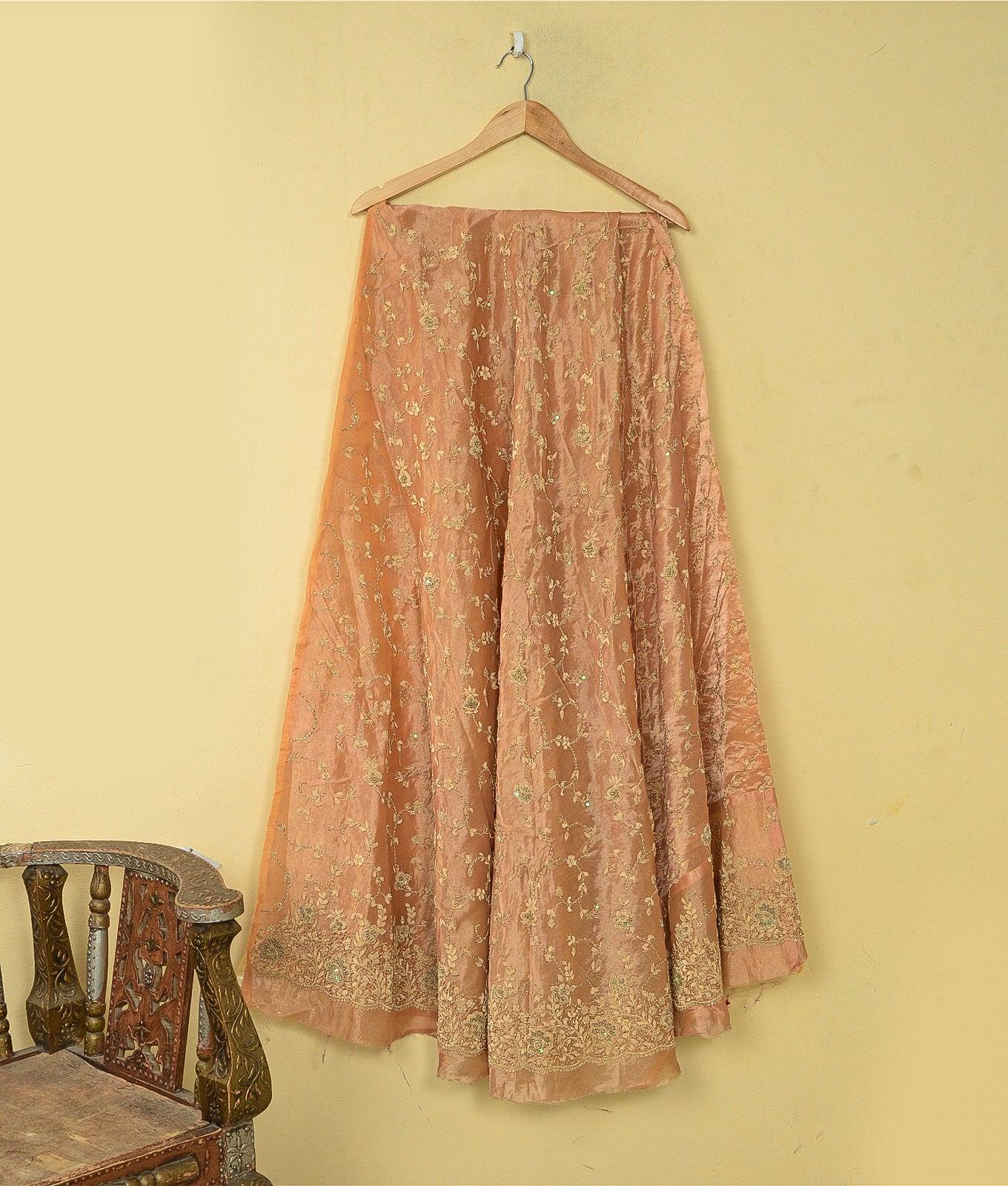 Sanskriti Vintage Golden Long Unstitched Lehenga Pure Tissue Silk Hand Beaded Dabka