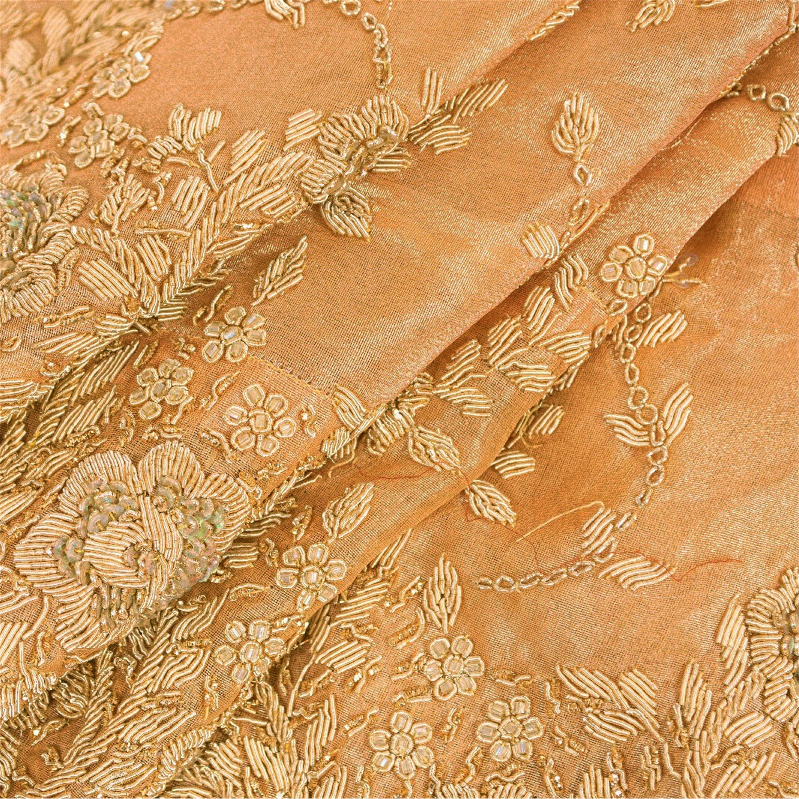 Sanskriti Vintage Golden Long Unstitched Lehenga Pure Tissue Hand Beaded Dabka