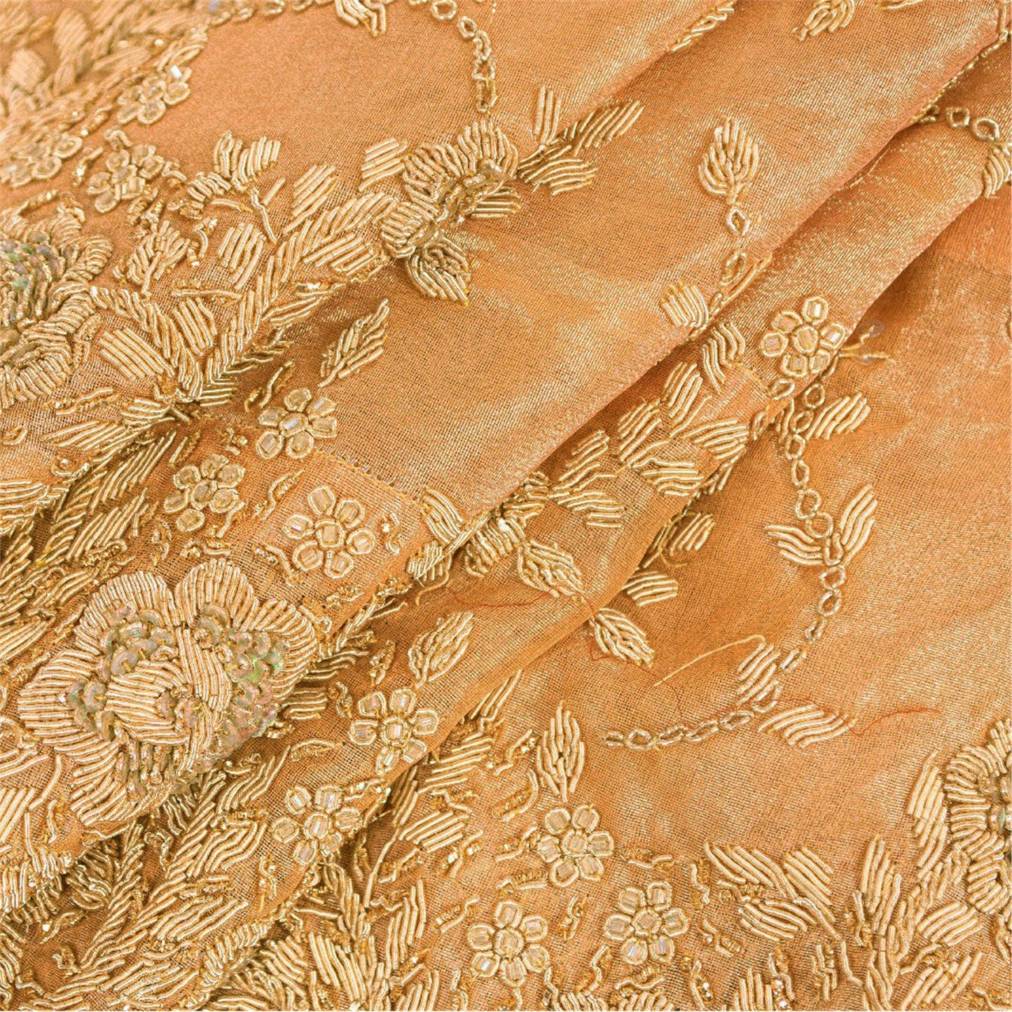 Sanskriti Vintage Golden Long Unstitched Lehenga Pure Tissue Hand Beaded Dabka