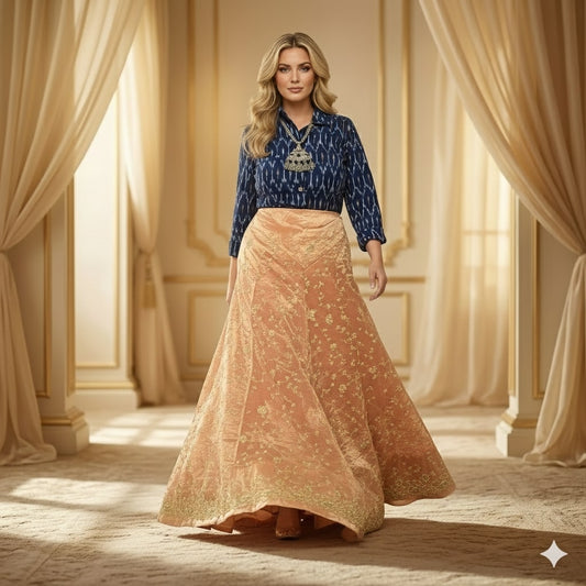 Sanskriti Vintage Golden Long Unstitched Lehenga Pure Tissue Hand Beaded Dabka