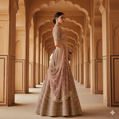 Sanskriti Vintage Rose Pink Long Unstitched Lehenga Net Hand Embroidered Zardozi