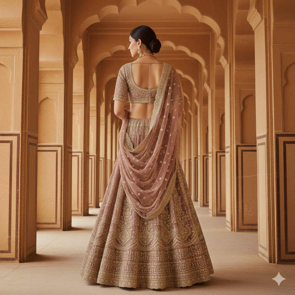 Sanskriti Vintage Rose Pink Long Unstitched Lehenga Net Hand Embroidered Zardozi