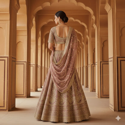 Sanskriti Vintage Rose Pink Long Unstitched Lehenga Net Hand Embroidered Zardozi