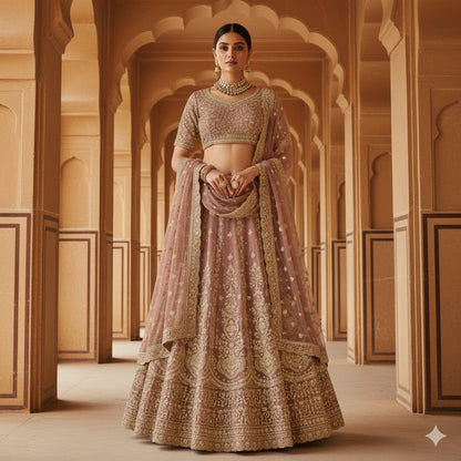 Sanskriti Vintage Rose Pink Long Unstitched Lehenga Net Hand Embroidered Zardozi