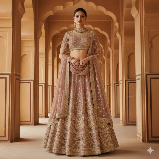 Sanskriti Vintage Rose Pink Long Unstitched Lehenga Net Hand Embroidered Zardozi