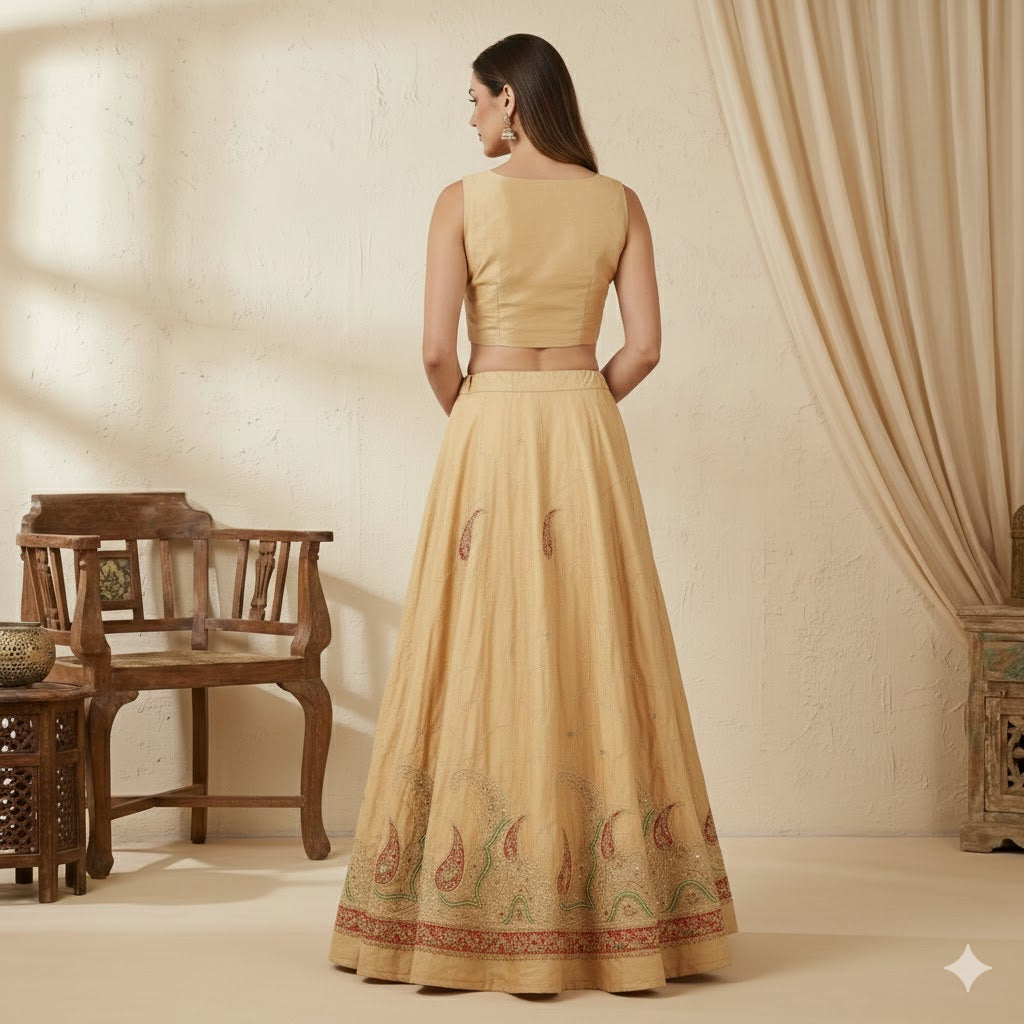 Sanskriti Vintage Cream Long Unstitched Lehenga PureSilk Hand Embroidery Zardozi