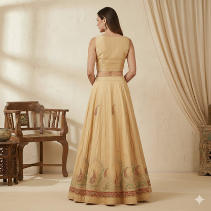 Sanskriti Vintage Cream Long Unstitched Lehenga PureSilk Hand Embroidery Zardozi