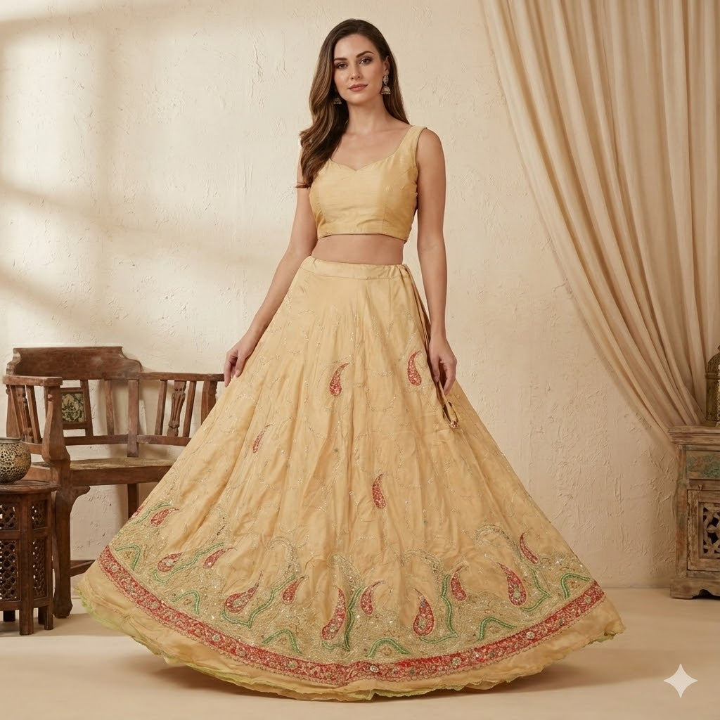 Sanskriti Vintage Cream Long Unstitched Lehenga PureSilk Hand Embroidery Zardozi