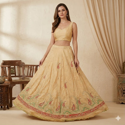 Sanskriti Vintage Cream Long Unstitched Lehenga PureSilk Hand Embroidery Zardozi