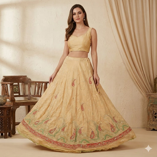 Sanskriti Vintage Cream Long Unstitched Lehenga PureSilk Hand Embroidery Zardozi