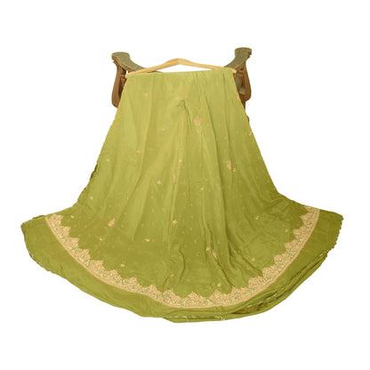 Sanskriti Vintage Green Long Unstitched Lehenga Pure Crepe Hand Embroidery Zari