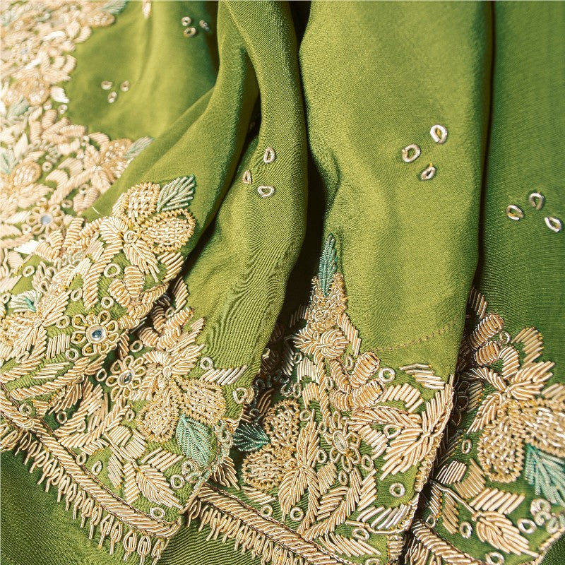 Sanskriti Vintage Green Long Unstitched Lehenga Pure Crepe Hand Embroidery Zari