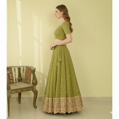 Sanskriti Vintage Green Long Unstitched Lehenga Pure Crepe Hand Embroidery Zari