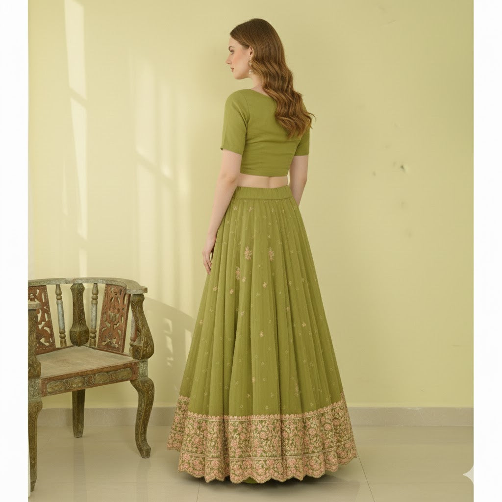 Sanskriti Vintage Green Long Unstitched Lehenga Pure Crepe Hand Embroidery Zari