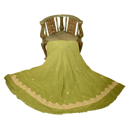Sanskriti Vintage Green Long Unstitched Lehenga Pure Crepe Hand Embroidery Zari