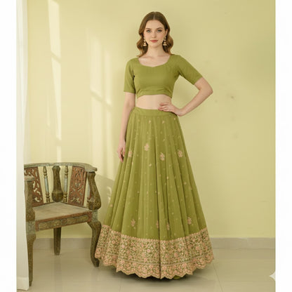 Sanskriti Vintage Green Long Unstitched Lehenga Pure Crepe Hand Embroidery Zari