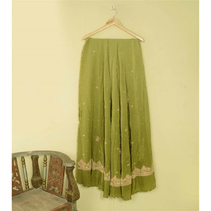 Sanskriti Vintage Green Long Unstitched Lehenga Pure Crepe Hand Embroidery Zari