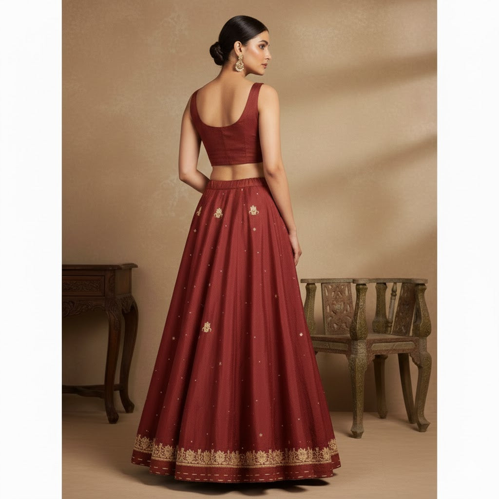 Sanskriti Vintage Red Long Unstitched Lehenga Pure Silk Hand Embroidery Zardozi